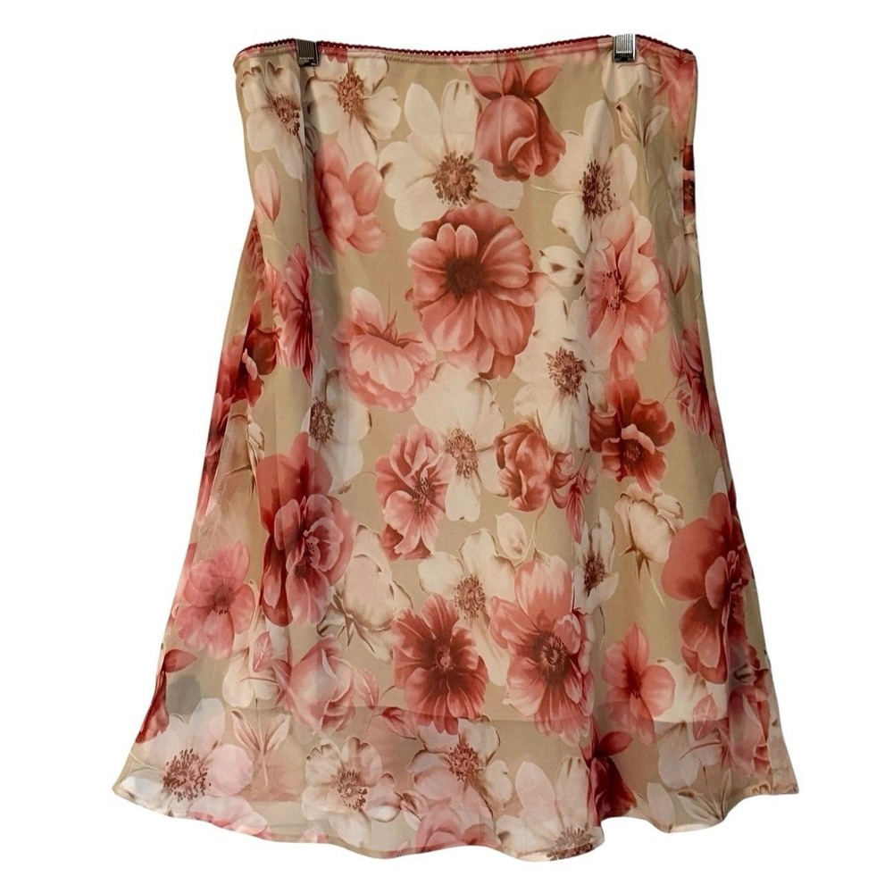 Floral Cottagecore Chiffon A-Line Skirt Size XL Pink Tan Romantic Fairy Feminine - Picture 2 of 7